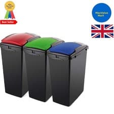 Image of 3 x 40L Plastic Recycling Bins with Interlocking Clip System & Color-Coded Lids