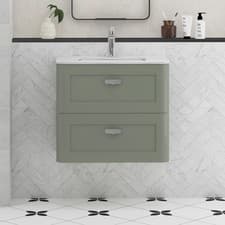 Image of 600/800mm Sage Green Vanity Unit Basin 2 Drawer Wall Hung Carrara White Basin