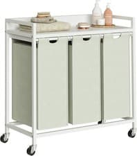 Image of 3 Section Laundry Basket with Shelf White Removable Bags Wheels 180L Modern