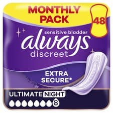 Image of Always Discreet Incontinence Pads Women Ultimate Night 48 Count Extra Secure &