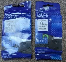 Image of 2 x TZe-211 6mm x 8m Black On White Laminated Labelling Tape for Brother P-touch