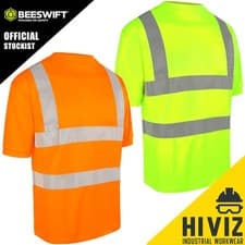 Image of Hi Viz T-Shirt Crew Neck Yellow Orange Work Top With Chest Pocket Mens - Class 2