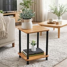 Image of Small 2 Tier Bamboo Side Table with Shelf Office Bedroom Coffee End Table