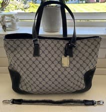 Image of RALPH LAUREN SIGNATURE L TOTE BAG Grey Logo Jacquard black straps Silver Key fob