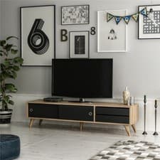 Image of Eduardo TV Stand, Large TV Cabinet with Storage, TV Media Unit, Black & Oak