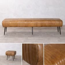 Image of RIBBED FULL LEATHER DINING BENCH WITH METAL LEGS CHOICE OF 4 SIZES AVAILABLE