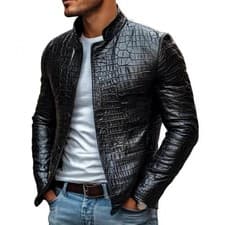 Image of Men’s Designer Black Crocodile Pattern 100% Real Leather Luxury Jacket Coat