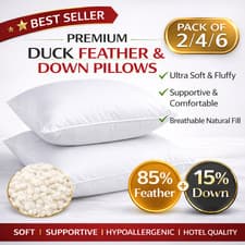 Image of Duck Feather & Down Pillows Extra Filled Hotel Quality 100% Cotton Pack of 2,4,6