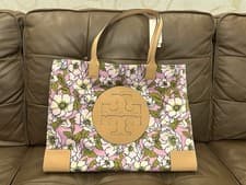 Image of Tory Burch Ella Aster Pink Flower Nylon Leather Large Tote Bag