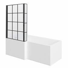Image of Nuie 1700mm L-Shaped Shower Bath, Front Panel & Black Grid Screen Modern White