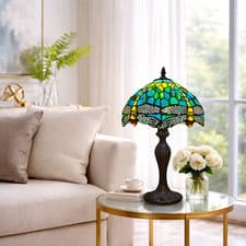 Image of Tiffany Style Table Lamp Dragonfly 10 Inch Stained Glass Shade Handmade Lamp