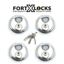 Image of 90MM STAINLESS STEEL HEAVY DUTY WEATHERPROOF DISC PADLOCK ** KEYED ALIKE ** X 4