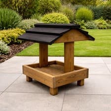 Image of Wooden Ground Bird Feeder Table Black Roof Outdoor Garden Feeding Platform