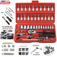 Image of 46 Piece Socket Ratchet Wrench Set 1/4" Drive Metric Spanner Car Repair Tool Kit
