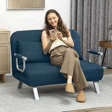 Image of Faux Suede Convertible Bed Settee, 2 Seater Sofa Bed w/ Pillows for Living Room