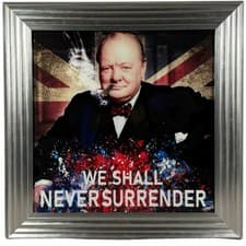 Image of silver framed liquid art picture of Winston Churchill - Never Surrender 86x86cms