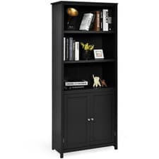 Image of 3-Tier Shelving Storage Cabinet Wooden Tall Bookcase 2 Doors Black