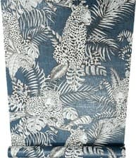 Image of Mamboa Tropical Palm Leopard Blue Exotic Jungle Linen Effect Feature Wallpaper