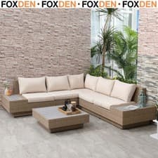 Image of 4 Pieces Rattan Garden Furniture Set, Garden Corner Sofa with Side Trays Beige