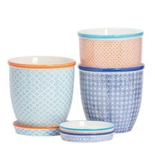 Image of Hand-Printed Plant Pots with Saucers - 20.5cm - 3 Colours - Pack of 3