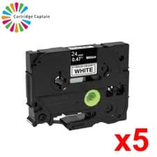 Image of 5 Label Tape fits Brother P-Touch TZHG251 High Grade Black On White 24mm x 8m