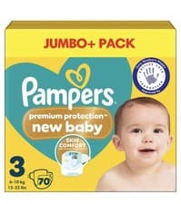 Image of Pampers Premium Protection New Baby Size 3, 70 Nappies, 6kg-10kg, Jumbo+ Pack
