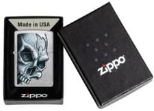Image of Genuine Brand New 2025 ZIPPO Lighter EVIL/SCARY SKULL & FLAME Street Chrome Case