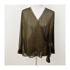 Image of NWT Analili Gold Wrap Top Size M V-neck Long Sleeve Trim Detail Metallic Sheer