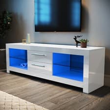 Image of High Gloss White TV Unit Storage Cabinet Stand 160cm with LED Light 2 Drawers