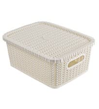 Image of Storage Rectangular Basket with Lid Plastic Knit Style Multipurpose