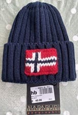 Image of Napapijri Beanie Hat Mens Navy Blue with Flag Wool Knit BNWT Cost £40 New