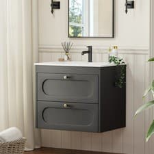 Image of 600mm Wall Hung 2 Drawer Vanity Unit Black With White Basin Bathroom Storage New