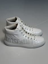 Image of Moschino White Logo Patch Lace Up High Top Trainers Sneakers Size 5 38 New Rare