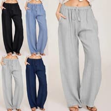 Image of Womens Cotton Linen Wide Leg Pants Solid Casual Elastic Waist Long Trousers UK