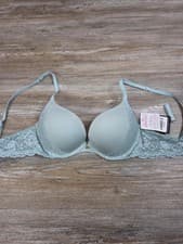 Image of Essential Bodywear Bra Womens 36A Blue Lace T-Shirt Underwire Padded Comfort