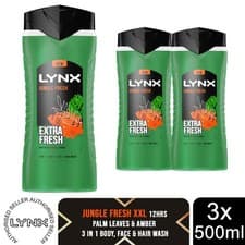 Image of Lynx 3in1 Body, Face & Hair Wash Shower Gel Extra Fresh Jungle Fresh 500ml, 3pk