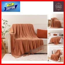 Image of Cozy Caramel Chenille Knit Throw Blanket with Fringe Tassels 130x150cm