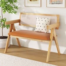 Image of Cushioned Bench Accent Indoor Bench w/Sherpa Upholstered Backrest-Natural