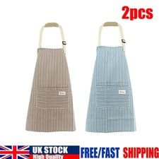 Image of 2x Chef Apron Striped Cooking Kitchen Aprons Neckband Pockets Apron Women & Men
