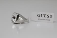 Image of GUESS White Clear Stone Silver Tone Steel Ring Size 54 17 mm in Diameter