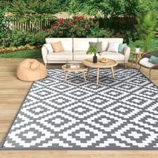 Image of Large Garden Outdoor Rug Non Slip Grey Mat Weather Resistant Decking Decor 180cm