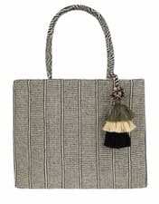 Image of ACCESSORIZE MEERA WOVEN SHOPPER BAG WITH TASSEL TRIM BLACK WHITE POM POM TOTE