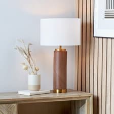 Image of Tall Table Lamp with White Shade Wood Effect Ceramic Gold Detail Bedside Light