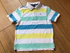 Image of TOMMY HILFIGER White Coloured Stripes logo Polo T-shirt top. Worn Once. 7 yr