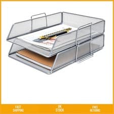 Image of Sturdy Wire Mesh Stackable Desk Organiser A4 Paper File Sorter Silver 2 Pack