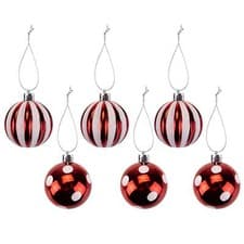 Image of Christmas Red and White Glitter Tree Decorations - 6 Pk Spot Stripe 60mm Baubles