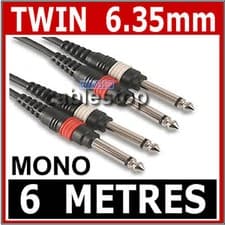 Image of 6M Twin MONO 1/4 Inch Jack to Jack 6.35 CABLE 6.35mm 2 x MONO PLUGS LEAD UK 1/4"