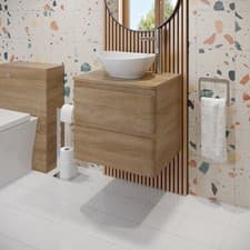 Image of 600mm Bathroom Countertop Vanity Unit Oval Basin Soft Close Wall Hung Oak Effect