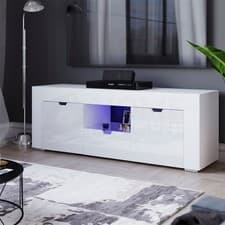 Image of Modern White 2 Door 1 Drawer LED TV Unit Cabinet Storage Living Room Furniture