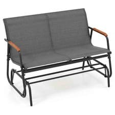 Image of 2-Person Patio Glider Bench with Curved Teak Armrests and Breathable Fabric Seat
